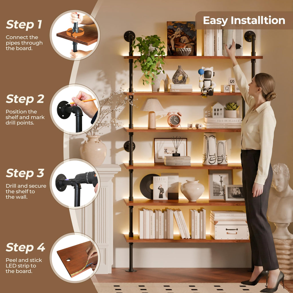 Anynice 6-Tier Ladder Shelf with Warm LED Light Strip, Solid Pine Wood Wall Mounted Bookshelf in Walnut Brown, 48-Inch Industrial Pipe Bookcase for Living Room, Bedroom, Home Office