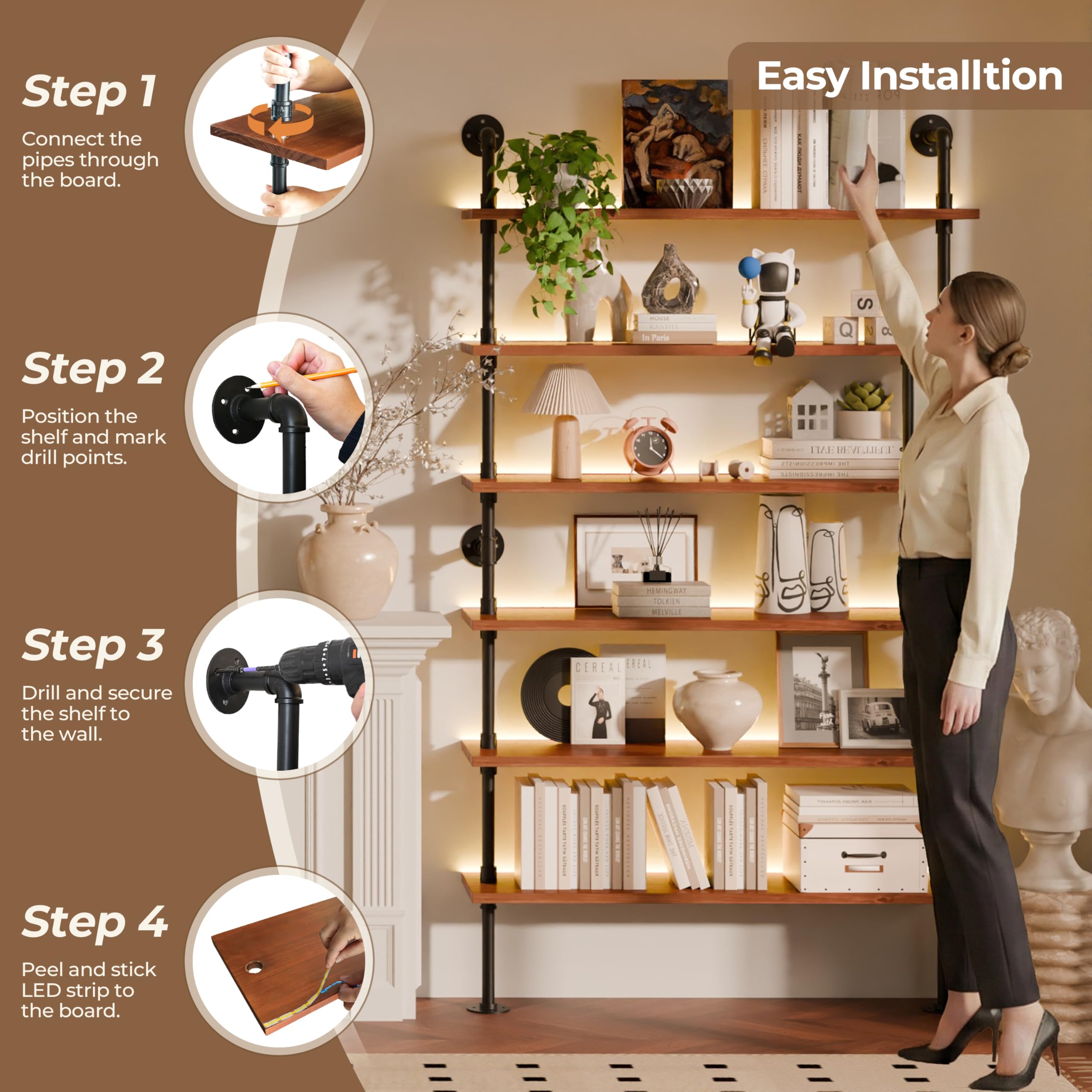 Anynice 6-Tier Ladder Shelf with Warm LED Light Strip, Solid Pine Wood Wall Mounted Bookshelf in Walnut Brown, 48-Inch Industrial Pipe Bookcase for Living Room, Bedroom, Home Office