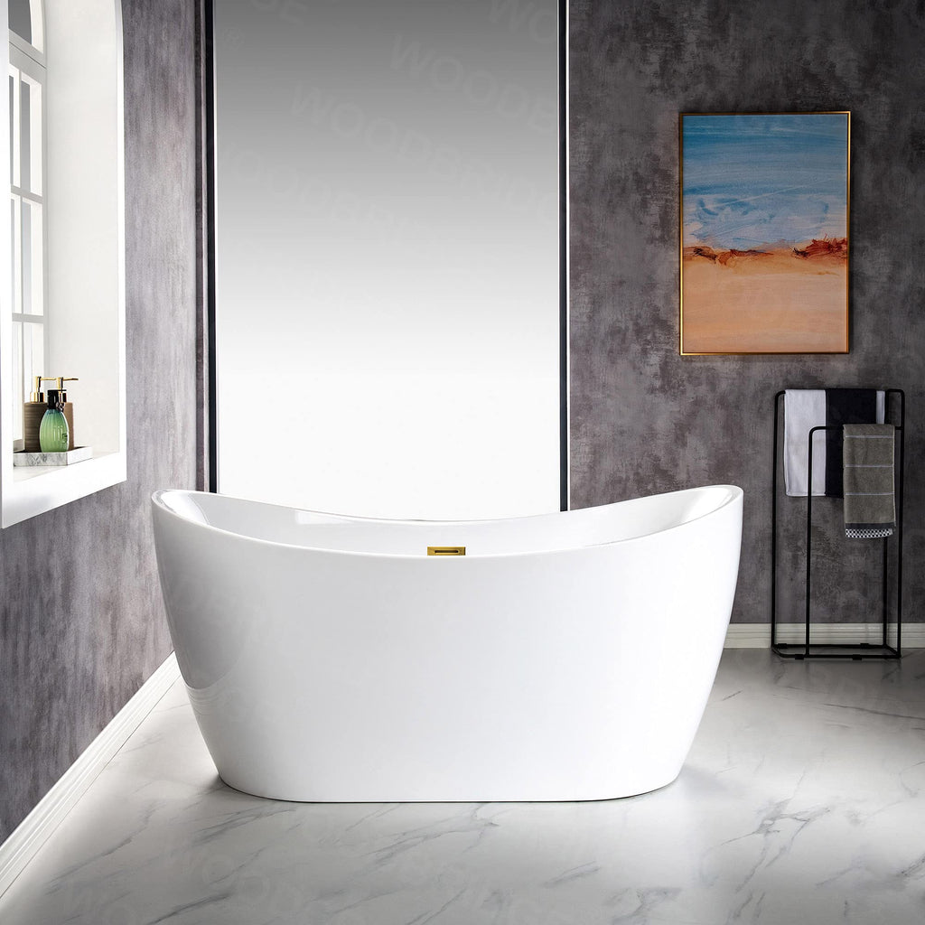 WOODBRIDGE 59" Acrylic Freestanding Bathtub Contemporary Soaking White Tub with Brushed Gold Overflow and Drain,BTA1516 BG