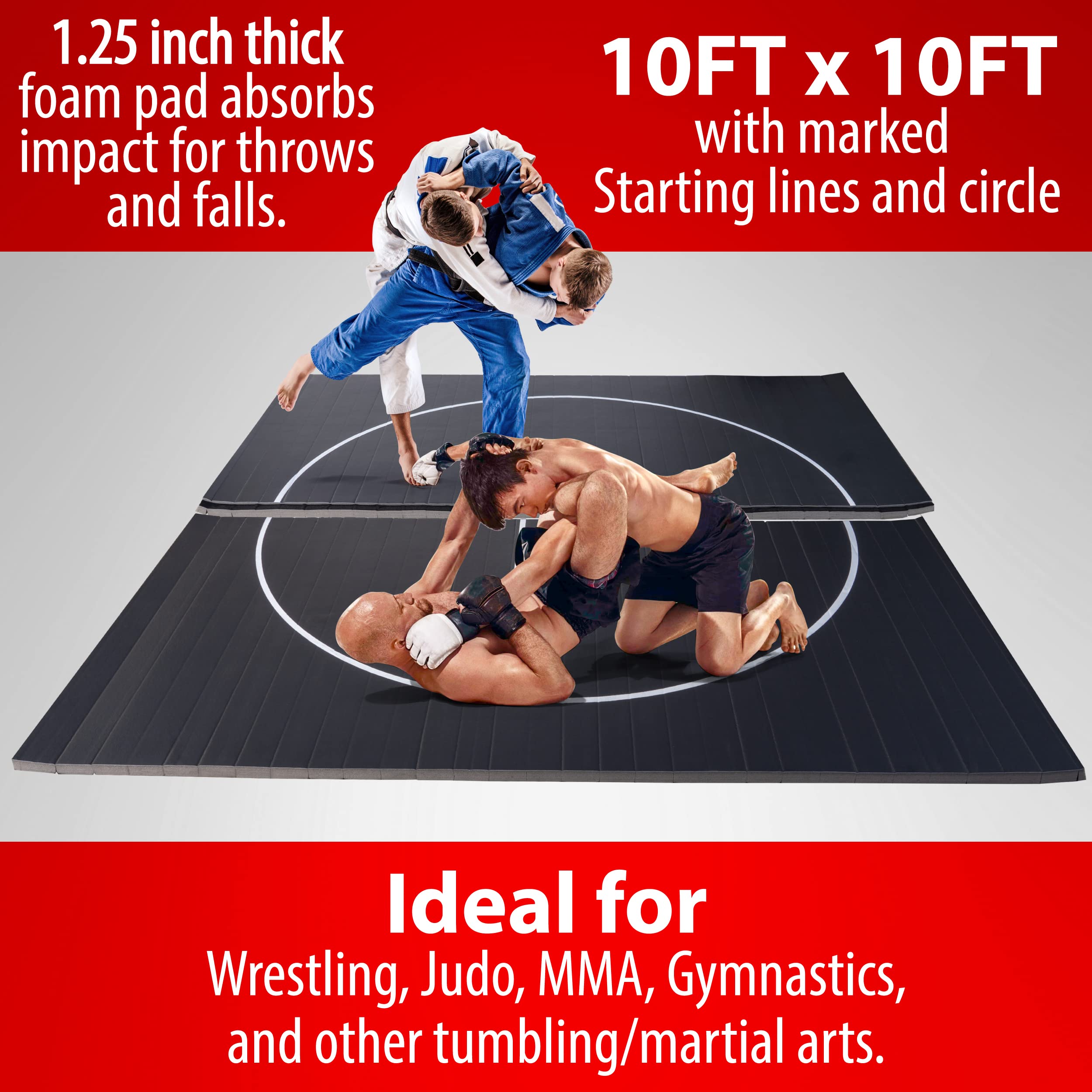 Gold Medal Sports 10' x 10' x 1.25" Wrestling Mat, Jiu Jitsu, BJJ, Wrestling Mats, Martial Arts, Thick with Automatic Connector, Wrestling for Home, Judo, Tatami, Flexi Roll