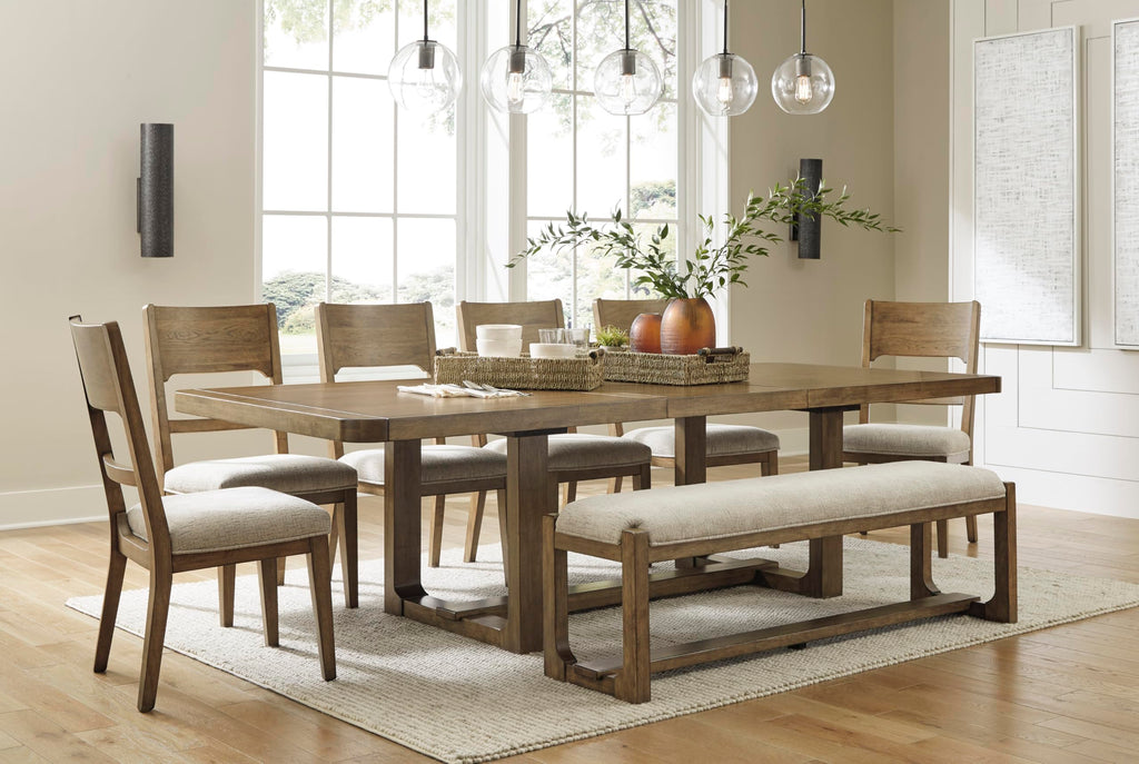 Signature Design by Ashley Cabalynn Farmhouse Upholstered Dining Bench, Foam Cushion, Hardwood Solids, 63.5" W x 16.5" D x 19.75" H, Beige & Light Brown