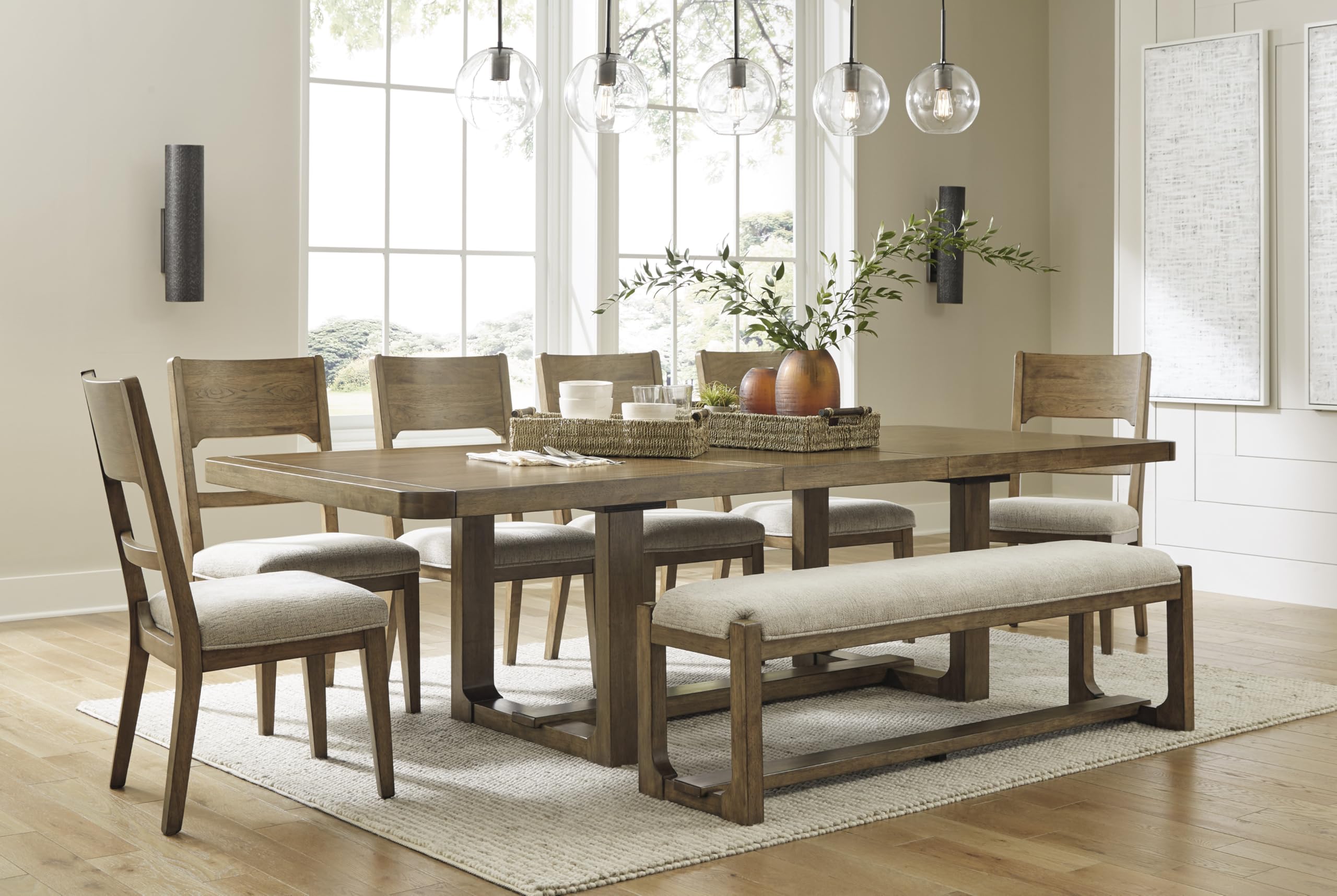 Signature Design by Ashley Cabalynn Farmhouse Upholstered Dining Bench, Foam Cushion, Hardwood Solids, 63.5" W x 16.5" D x 19.75" H, Beige & Light Brown