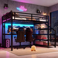 Full Size Loft Bed with Desk and Storage Stairs, Metal Loft Bed Frame with LED Lights, Charging Station, and Multi-function Iron Nets, Loftbed for Kids, Teens, Adults, Noise-free, Black and Wood