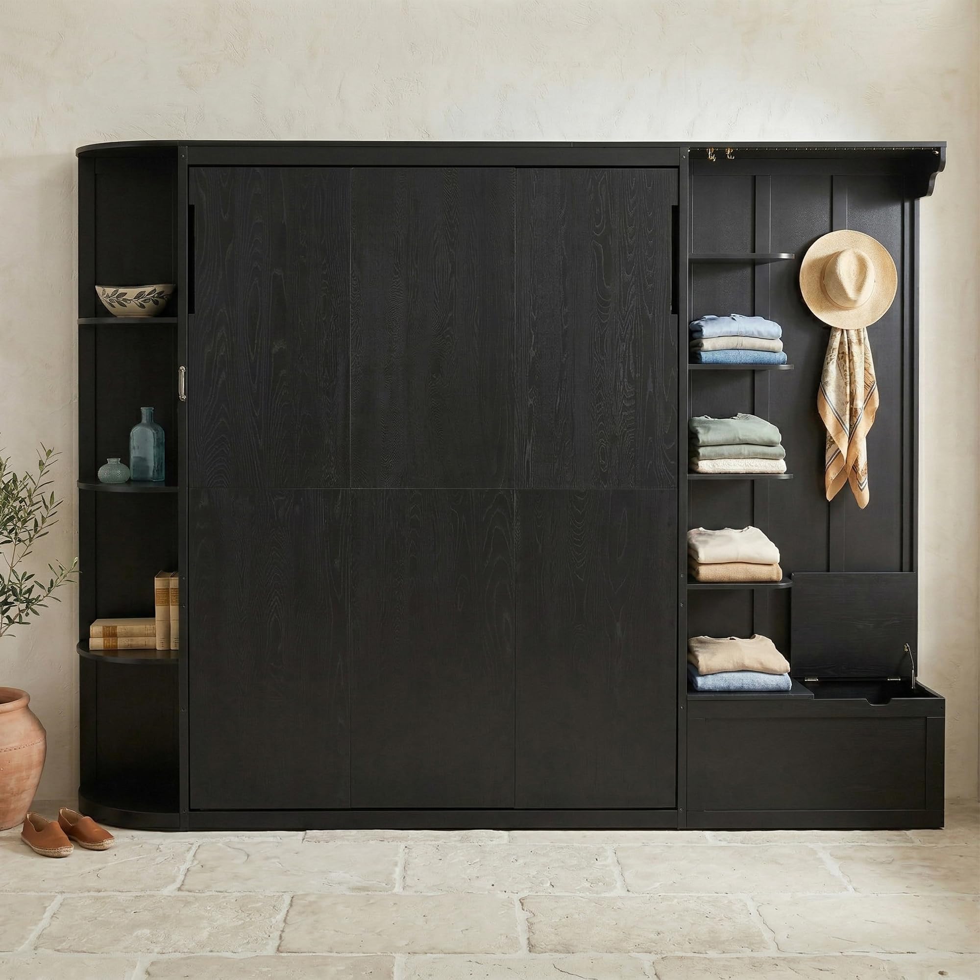 Merax Queen Size Murphy Bed with Storage and Lights, Hidden Fold-Out Legs, Foldable Murphy Cabinet Bed with Hook, Built-in Shelves & Cabinets, Wood Space-Saving Wall Bed for Guest Room Office, Black