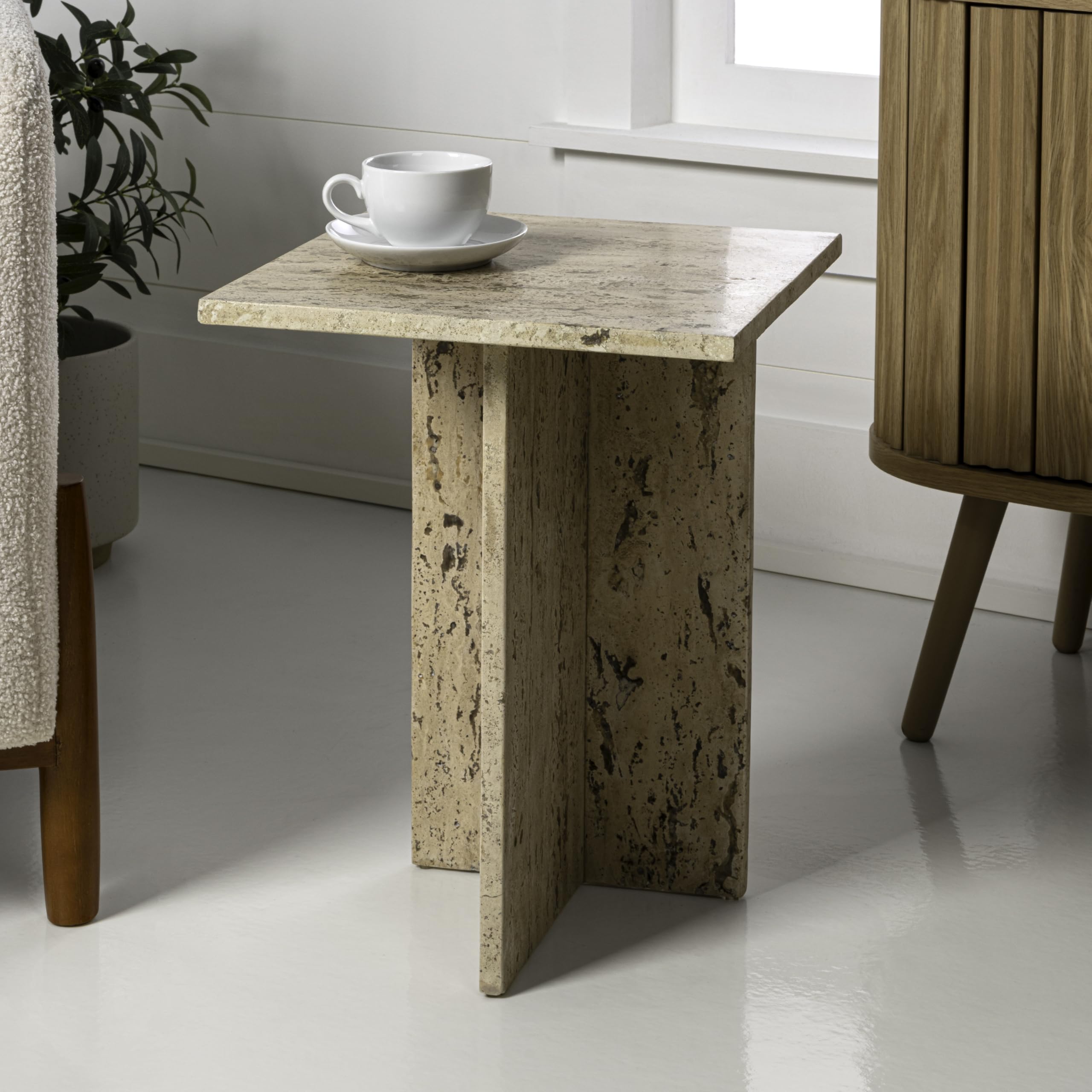 JONATHAN Y Cecil Modern 18.5" Square Natural Marble End Table with Cross Base, Glossy Travertine Solid Stone Accent Side Table for Living Room, Bedroom, Small Spaces, Fully Assembled MTB1104B