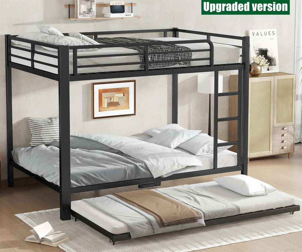 LUCALEO Latest Upgraded & Stronger Thickened Metal Full Over Full Bunk Bed with Twin Trundle, Heavy Duty Safer More Stable Steel Bunkbeds (Greater Weight Capacity) (Full Over Full with Twin Trundle)