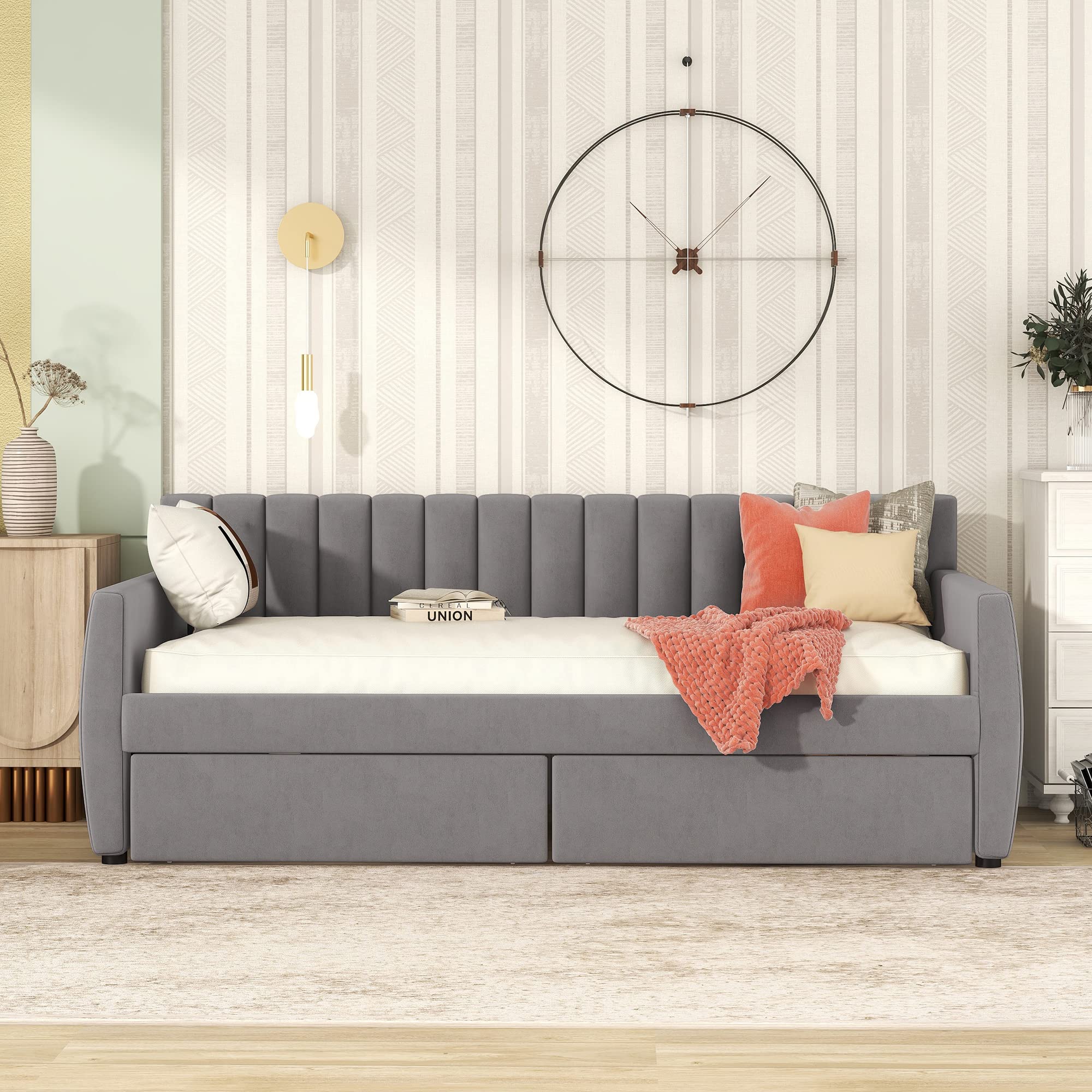 Merax Upholstered Daybed with 2 Drawers, Twin Size Bed Frame with Storage and Wood Slat Support, Gray