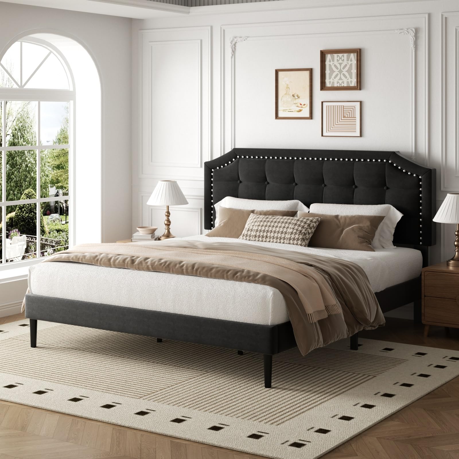 HAOARA King Size Bed Frame, King Size Platform Bed Frame with Upholstered Button Tufted Headboard, Strong Wood Slats, No Box Spring Needed, Mattress Foundation, Easy Assembly Black