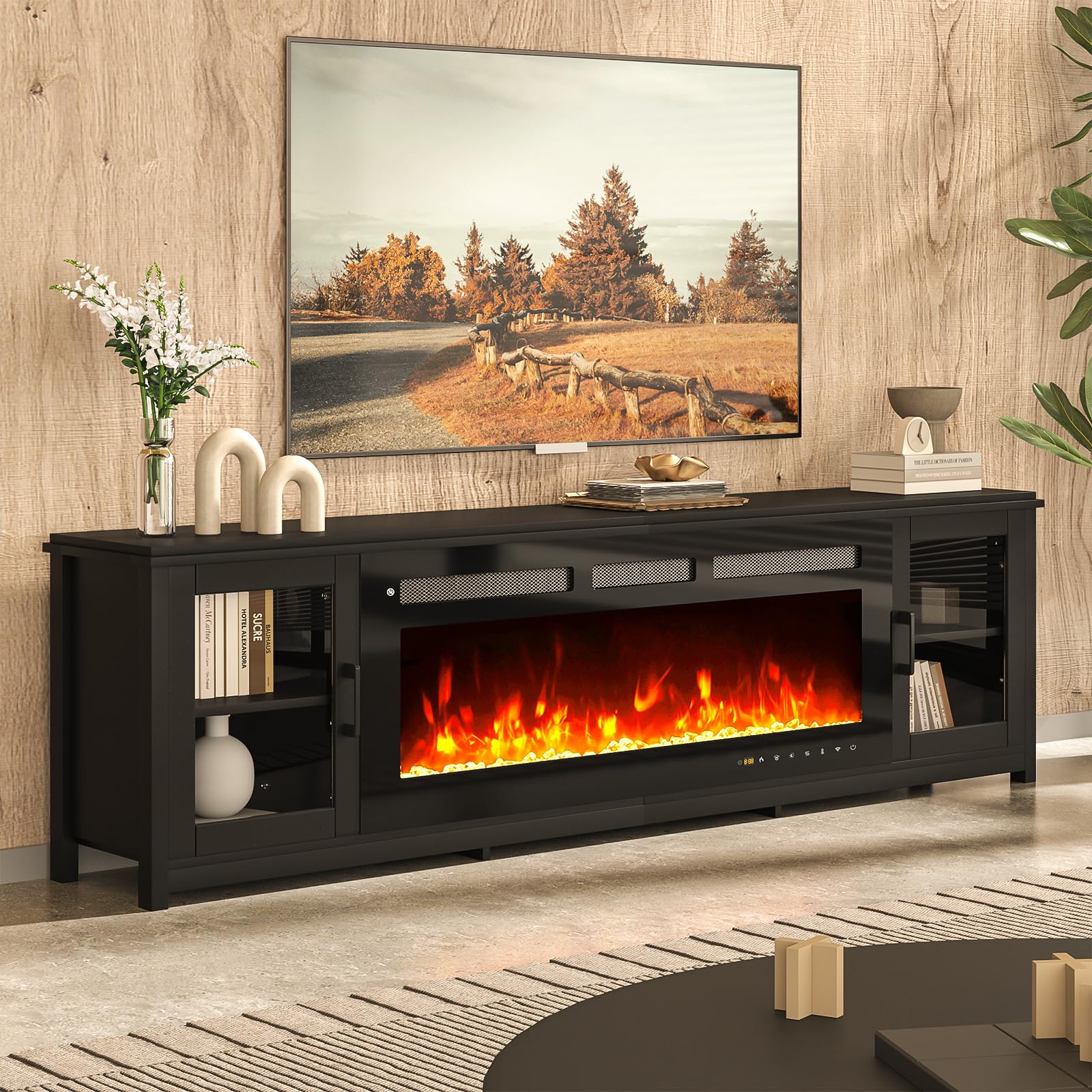 MXV 80" Fireplace TV Stand, Modern Entertainment Center with 50 Inch Smart Fireplace, Adjustable Shelf & Glass Door, Fire Place with WI-FI Enabled, TV Console for Living Room, Black