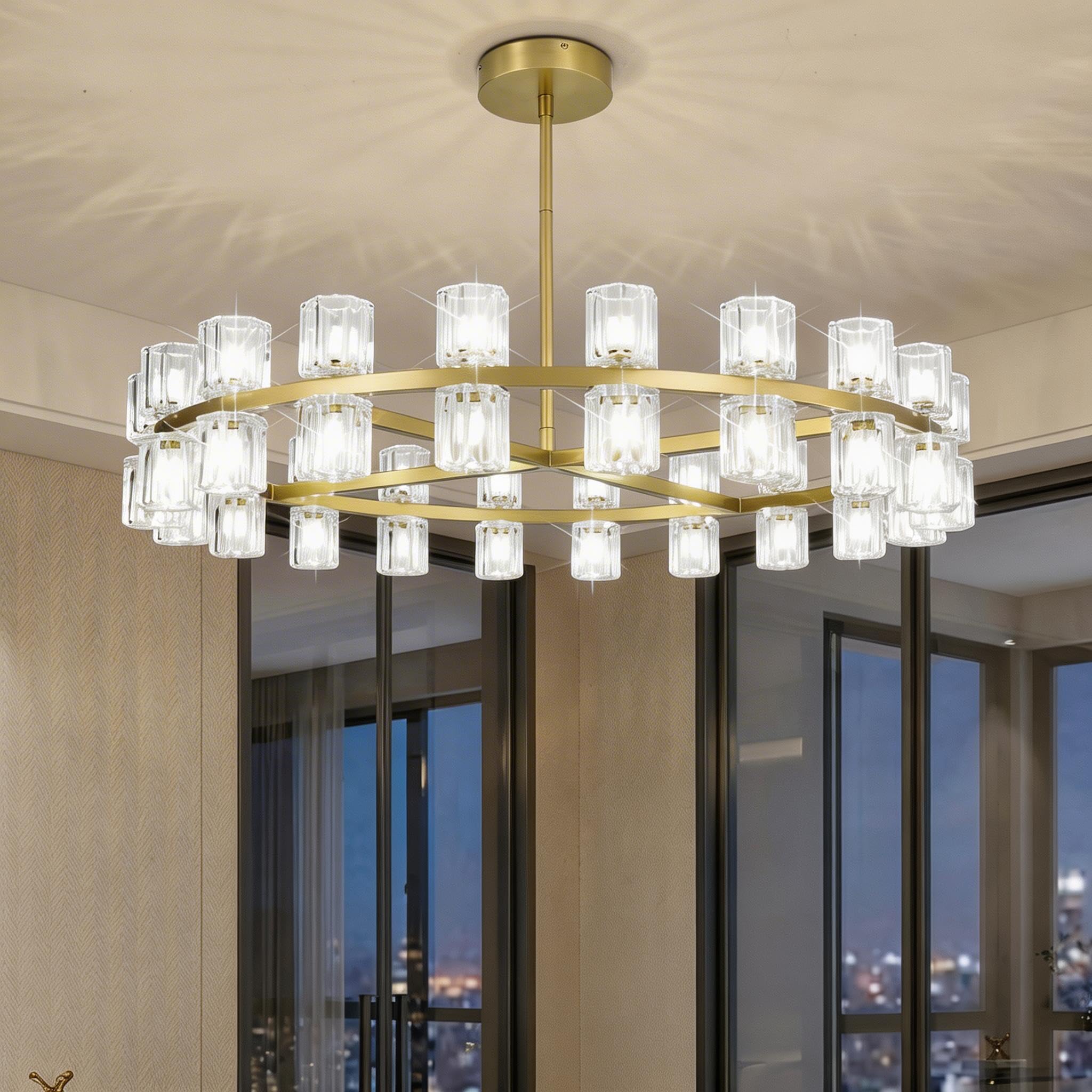 Leadtek 40 Inch Modern Farmhouse Chandelier with K9 Crystal Chandelier Shade, Gold Wagon Wheel Chandelier, for Dining Room Light Fixture, Kitchen Island, Entryway, Foyer, Bedroom Lighting