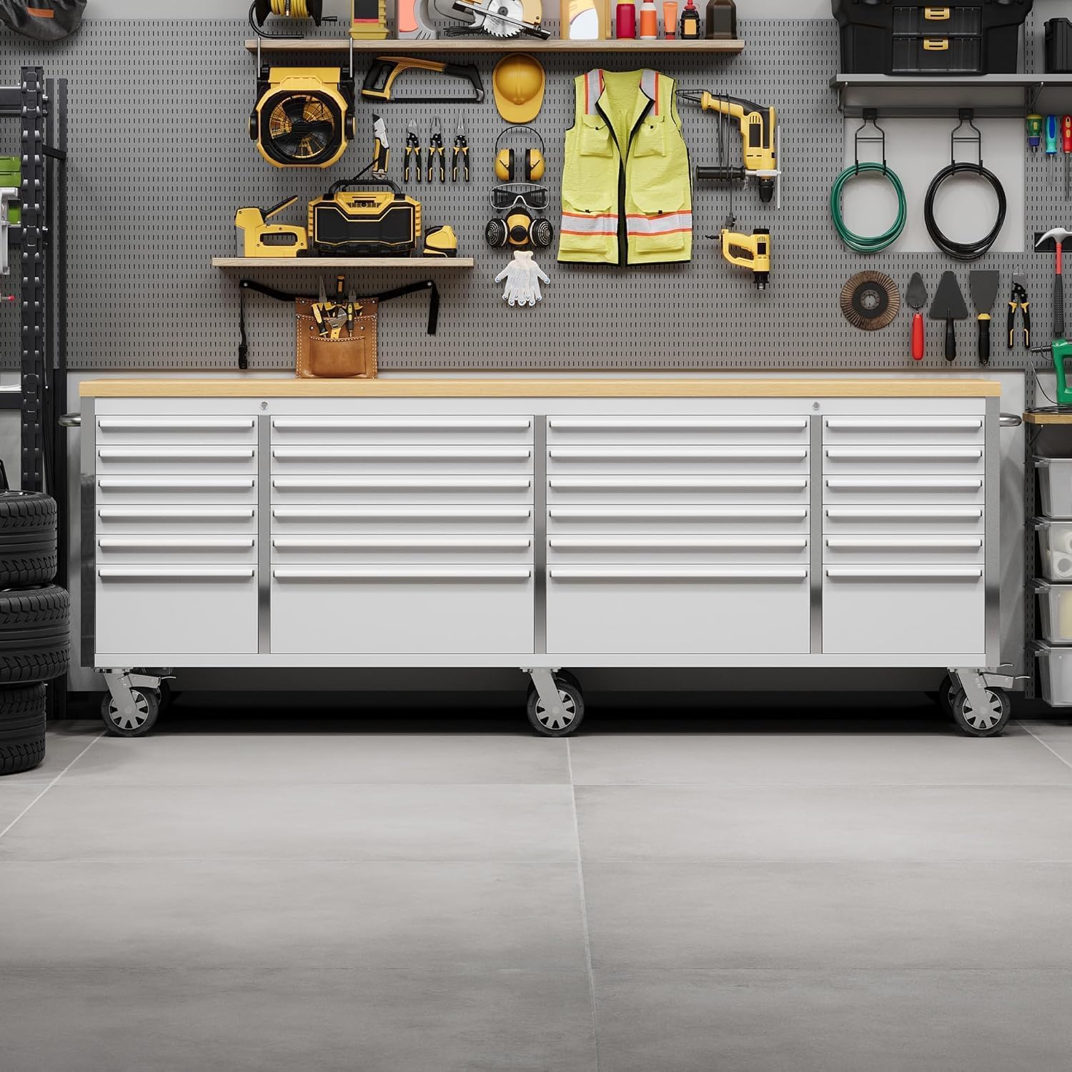 96" Rolling Tool Chest, 24 Drawers, Solid Rubber Wood Workbench Top, Locking Wheels and Key Lock, Mobile Garage Storage Cabinet, Heavy Duty Mobile Organizer for Workshop, Silver