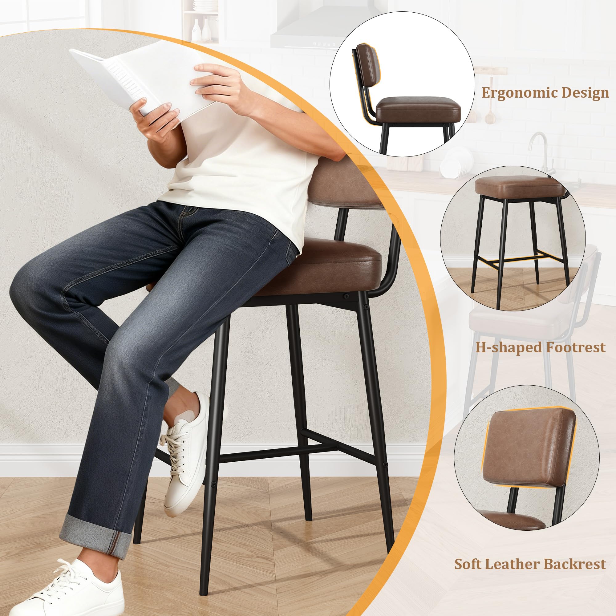 GarveeHome Bar Stools Set of 4, 26" Brown Faux Leather Counter Height Bar Stools with Backs, Modern Upholstered Barstool Chairs with Metal Legs for Kitchen Island, Home Bar, Dining Room