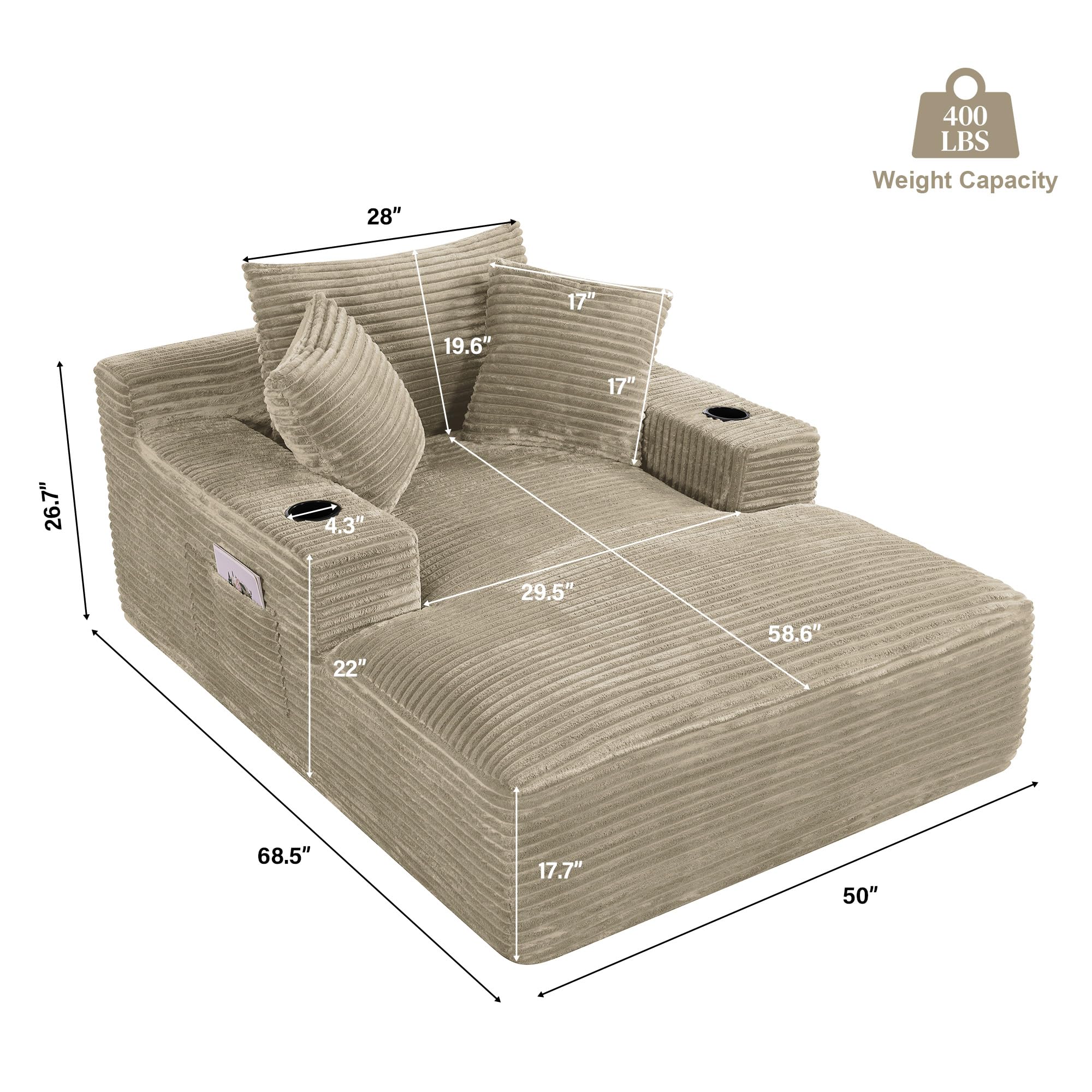 Oversized Chaise Lounge Chair Indoor with Cup Holders & Side Pocket, 50"W x 68"D Plush Corduroy 30D High Density Sponge Boneless Chair with Thickened Backrest Comfy Reading Chair - Light Camel