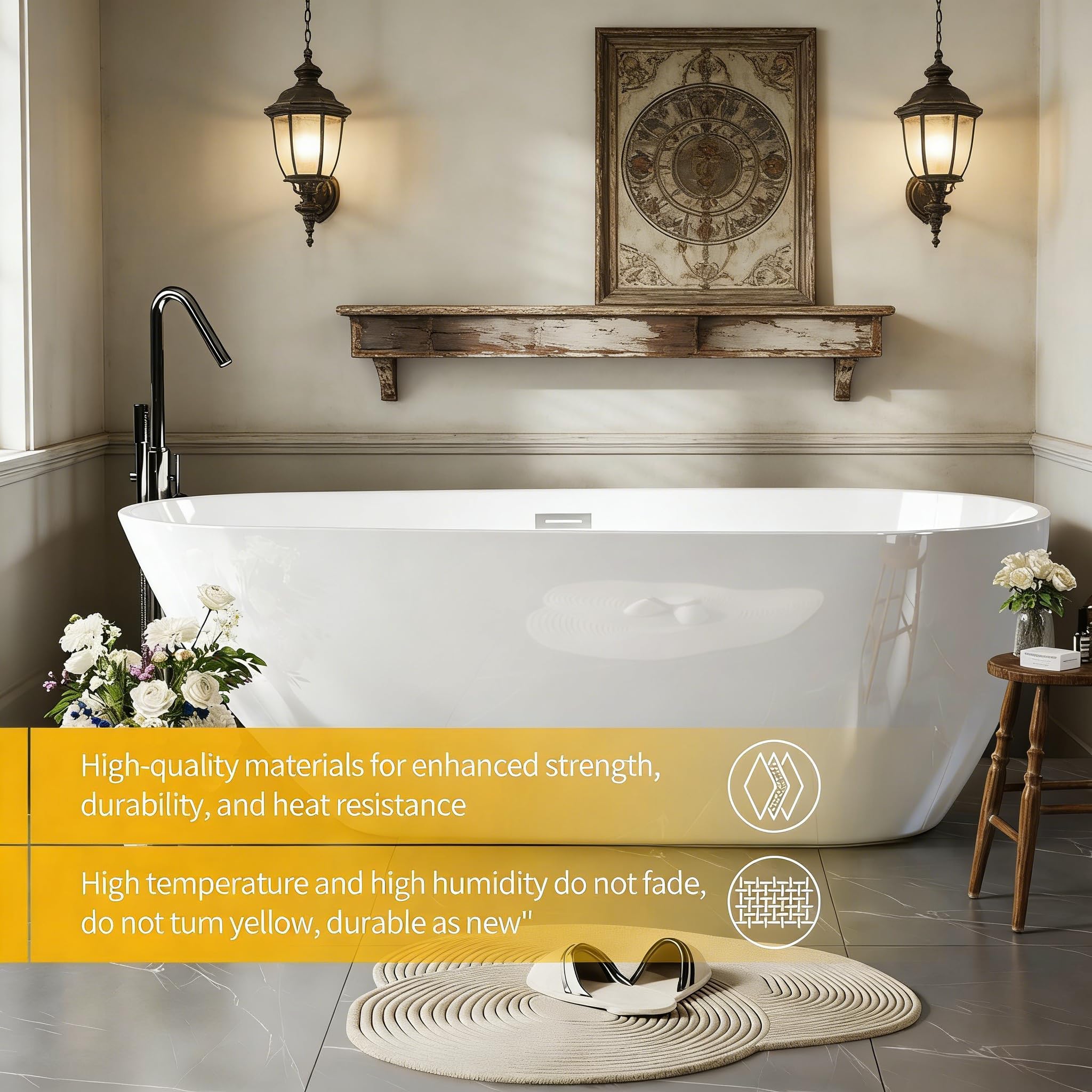 Garvee 67" Deep Soaking Bathtub, Non-Slip Acrylic Tub with Chrome Drain, cUPC Certified, Ergonomic Modern Bath for Bathrooms, Easy-Install, White Pearl