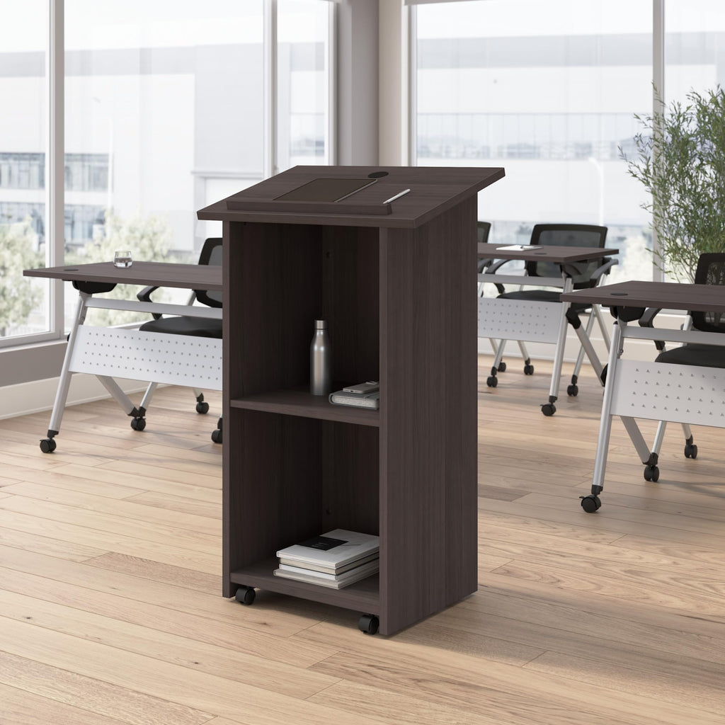 Bush Business Furniture Podium Lectern, 48 inch Tall, Professional-Grade Mobile Presentation Stand Up with Shelves, Envision Collection, Gray