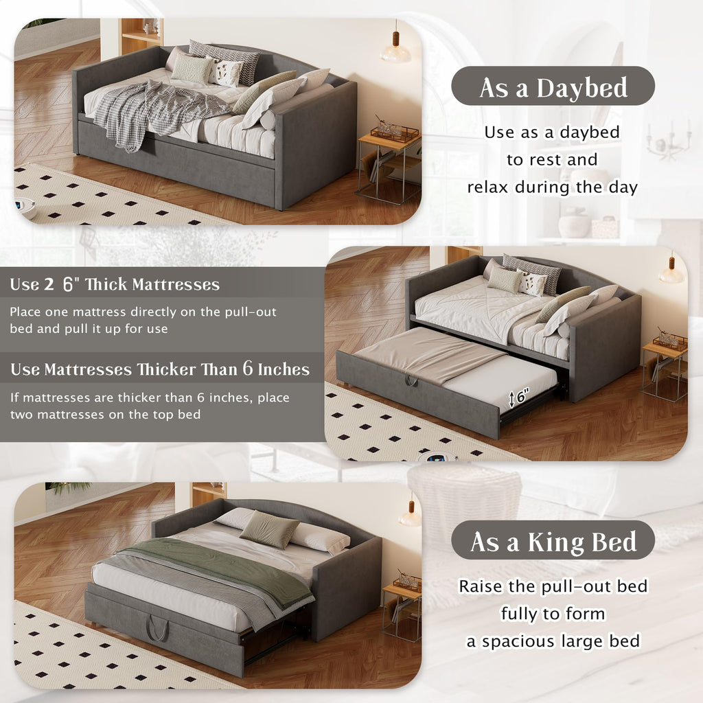 Merax Twin Size Velvet Daybed with Extended Pop Up Trundle, Upholstered Sofa Bed Daybed, Space-Saving Twin to King Design for Guest Room, Mattress not Included, Gray