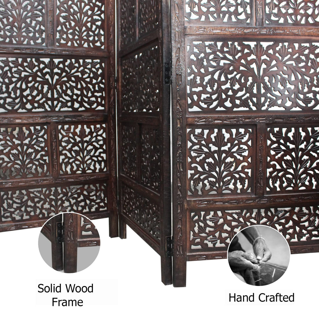Room Divider Wood Screen - Mahanadi Antique Brown - 4 Panel Folding 72x80 - Wooden Hand Carved Screen Decorative Functional Versatile - Small Spaces Reversible Privacy Partition - COTTON CRAFT