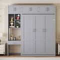 Merax Queen Size Wall Murphy Bed with Desk, Top Cabinet and Storage Shelves, Space Saving Foldable Bed, Wooden Bed Frame