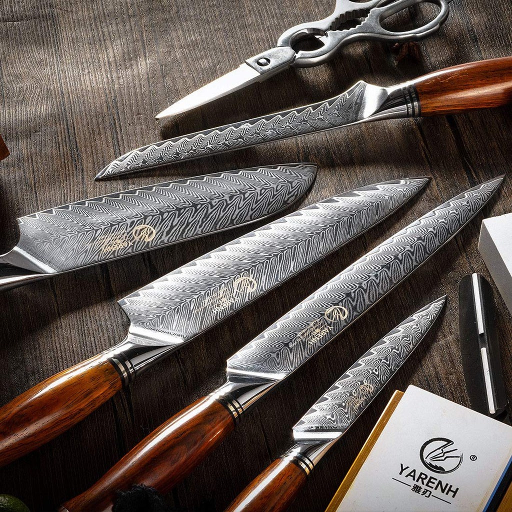 YARENH Kitchen Knife Set with Block, 8 Piece, Sharp Professional Chef Knife, 73 Layers Damascus High Carbon Stainless Steel, Full Tang Sandalwood Handle, Gift Box