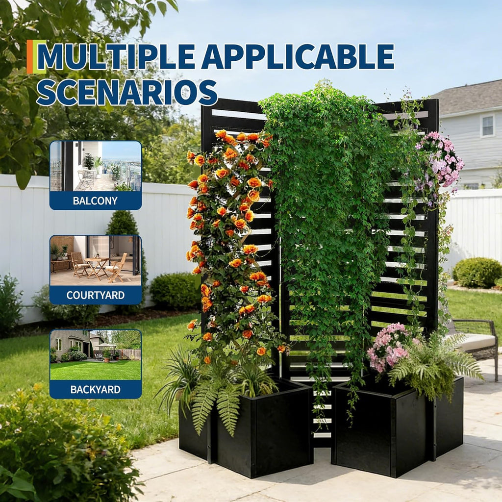 Garvee Metal Raised Garden Bed with Trellis and Privacy Screen, 71"H x 51"W x 31"D Garden Fence with 4 Self-Draining Raised Garden Beds for Climbing Plants Vegetables Vines, Outdoor Sturdy Planter Box