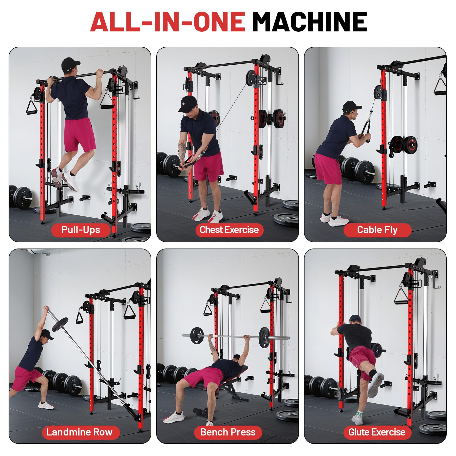 Garvee Folding Squat Rack, Wall Mounted Power Rack with Dual Independent Pulley System & Pull Up Bar, Multi-Function Power Cage with for Home Gym Space-Saving