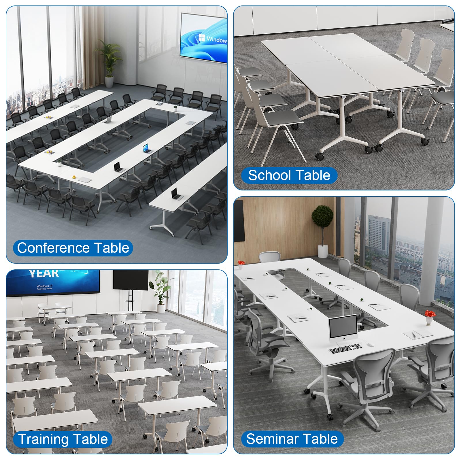 Modular Folding Conference Room Table with Wheels - 4 Pack Flip Top Mobile Training Table,Modern Meeting Tables 2-30 Person,White,55.1"x21.6"x29.5"