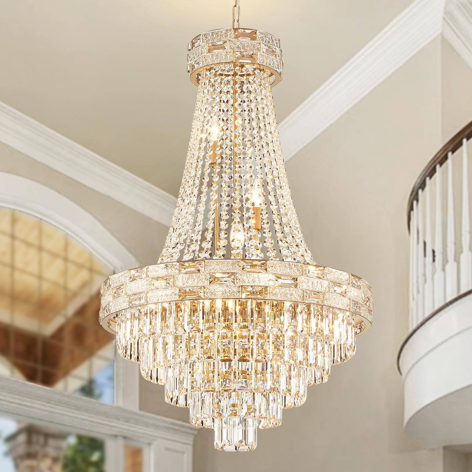 SHAOCHIAO 12-Light Gold Crystal Chandeliers,Empire Chandelier Light Fixture Modern High Ceiling Hanging Chandelier for Entryway,Foyer,Staircase,Hallway,Living Room(H36 x D23.2)