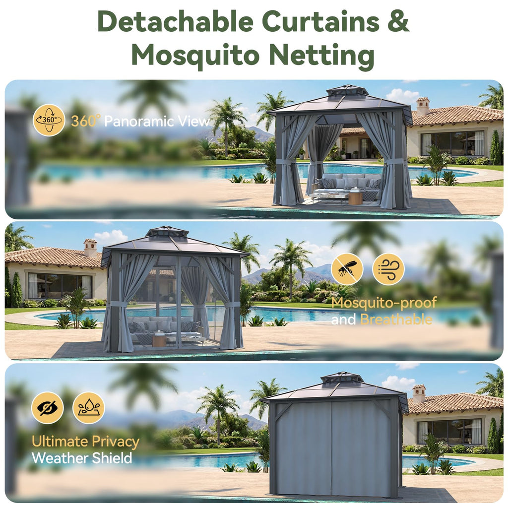 Breezestival 10’x10’ Hardtop Gazebo with Double Polycarbonate Roof Outdoor Metal Gazebo Sturdy Aluminum Frame & Removable Curtains, Netting Permanent Pavilion Pergola for Garden,Patio,Lawn (Gray)