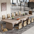 Nuipesn 12-ft Rectangular Conference Table, 142" × 51" Extra Wide Boardroom Table for 12-14 People, Dual Cable Grommets, 1.6" Thick Top, Light Oak & Gray