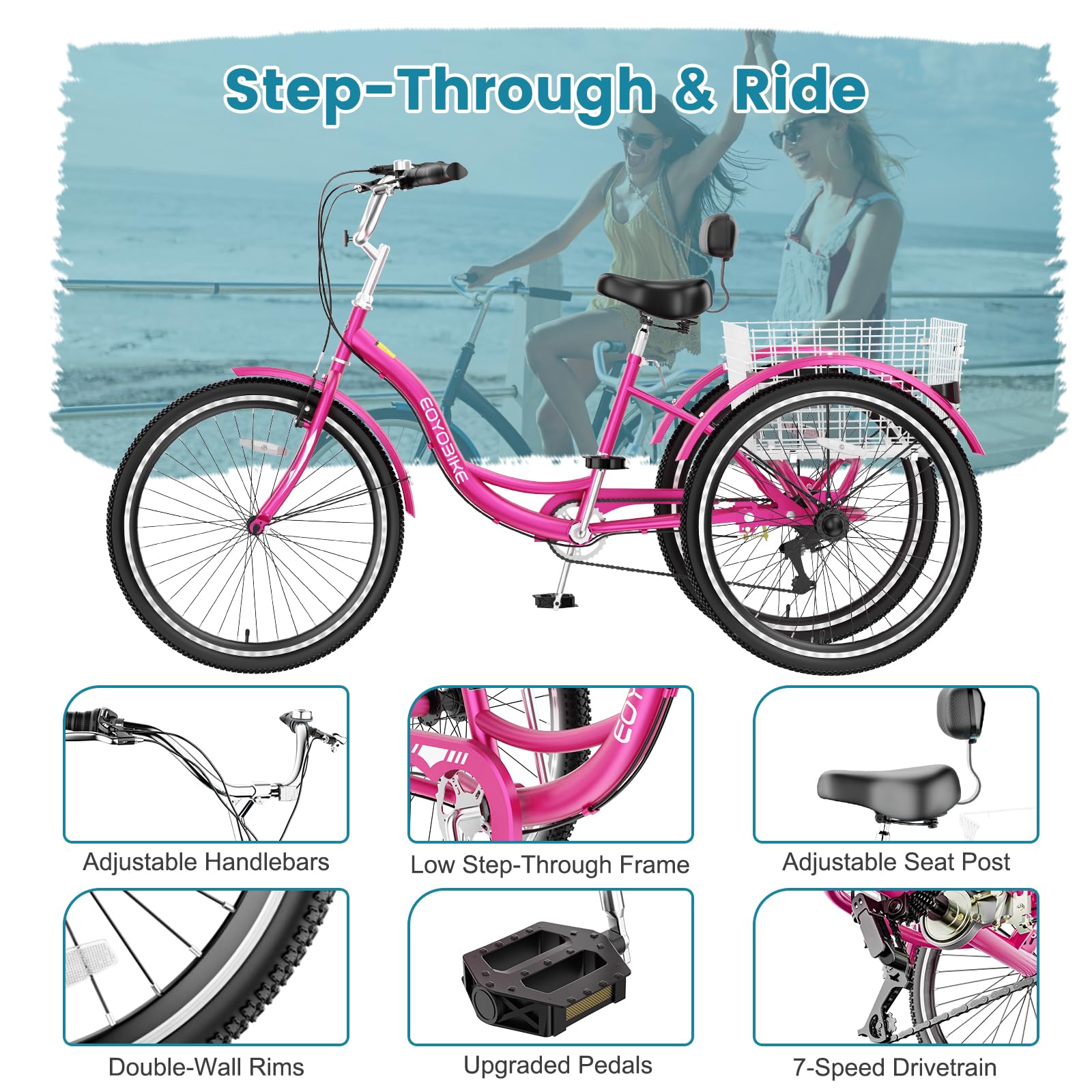 Slsy Adult Tricycle 7 Speed, 20/24/26 Inch Step-Through 3 Wheel Bike for Adults with Large Shopping Basket, 350 lb Capacity Adult Trike for Seniors, Women and Men