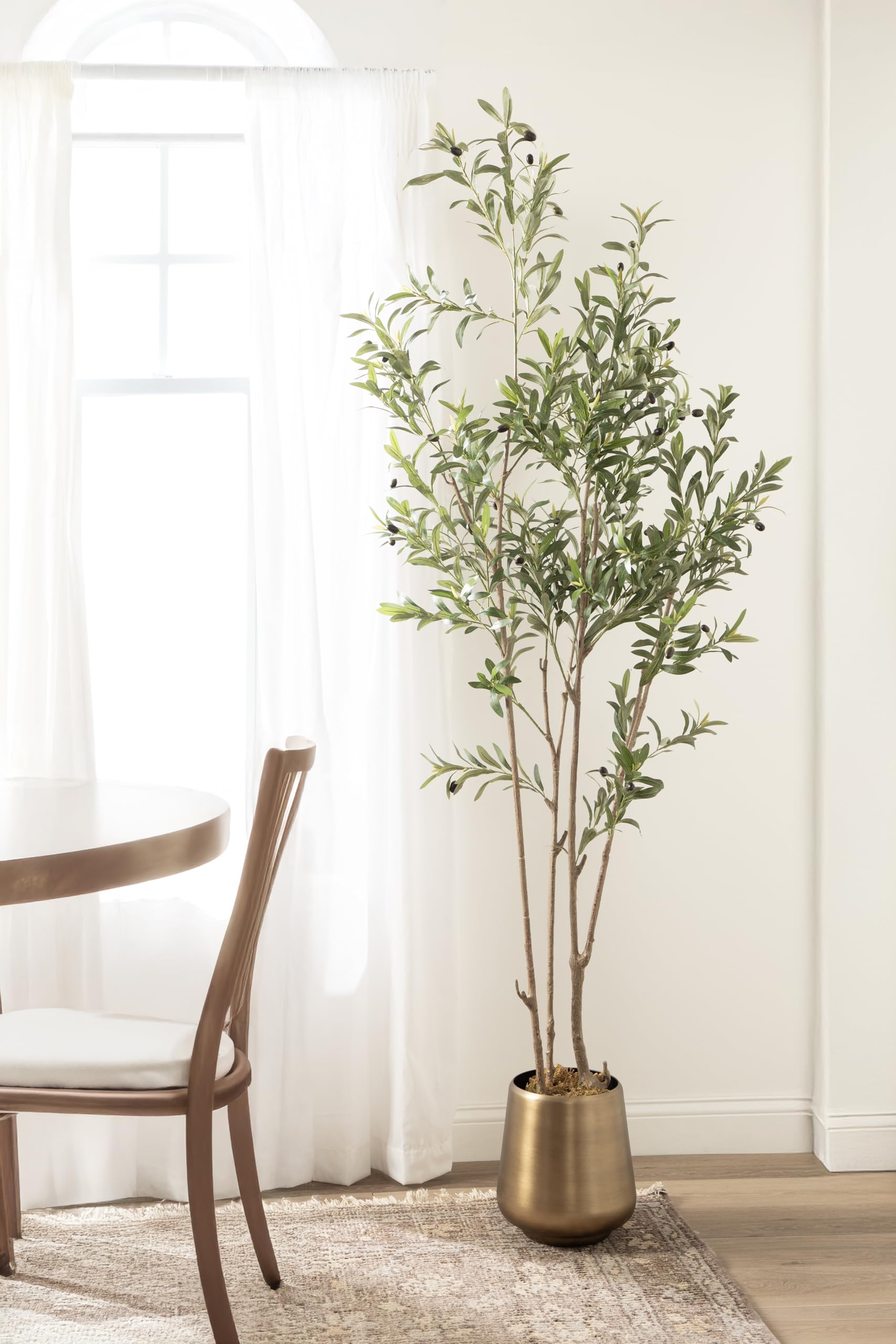 Kate and Laurel Oliveira Faux Olive Tree with Portell Metal Planter Pot, 7 FT, Gold, Potted Artificial Olive Plant Tree with Realistic Foliage and Added Moss, Fake Plant Living Room Decor