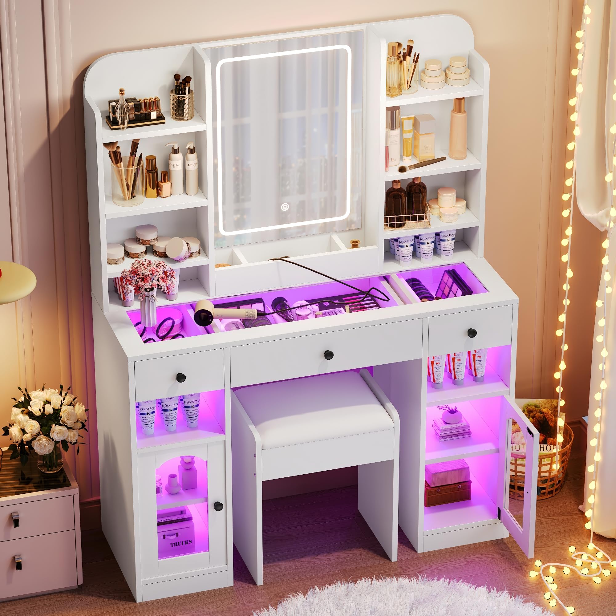 Merax 43.2" Vanity Desk with Mirror and Lights, Glass Top Vanity with RGB Glass Light Cabinets, Dressing Table with 3 Drawers, Storage Shelves and Stool