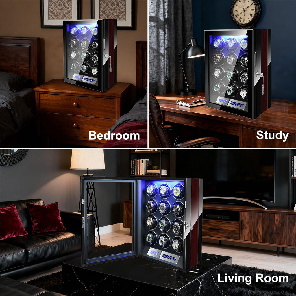 LELTNSOU Watch Winder for 12 Winding Spaces Automatic Watches, Ultra-Quiet Japanese Motors, Built-in LED Illumination and LCD Touchscreen Control