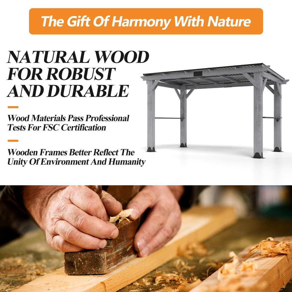 COVERONICS 12.5'x6.5' Outdoor Grill Gazebo - Hardtop Cedar Wood Gazebo with 2 Side Shelves and Galvanized Steel Roof, Patio Wooden BBQ Pergola for Porch, Garden and Backyard