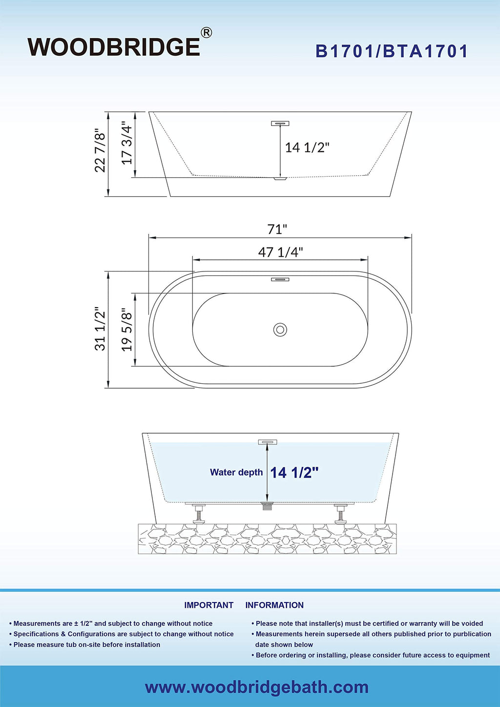 WOODBRIDGE 71" Acrylic Freestanding Bathtub Contemporary Soaking White Tub with Chrome Overflow and Drain,B1701-C
