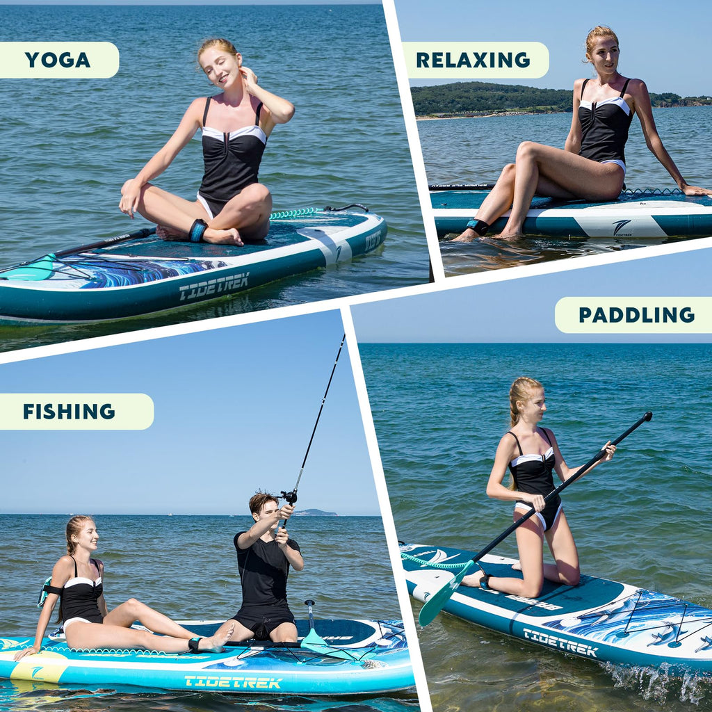 TIDETREK 11'/11'6" x 33"/34" x 6" Inflatable SUP Paddle Board – Extra-Wide, Stable Stand Up Paddle Board with Premium Full Accessory Set for Adults & Youth (Ocean Spirit/Kayak Seat, 11'x33 x6)