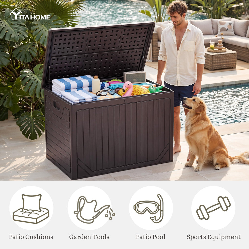 YITAHOME 230 Gallon Extra Large Outdoor Storage Box, Waterproof Double-WallDeck Box with Hydraulic Piston for Garden Tools, Pool Accessories & Cushions, Resin Deck Organizer with Bench Seat(Brown)