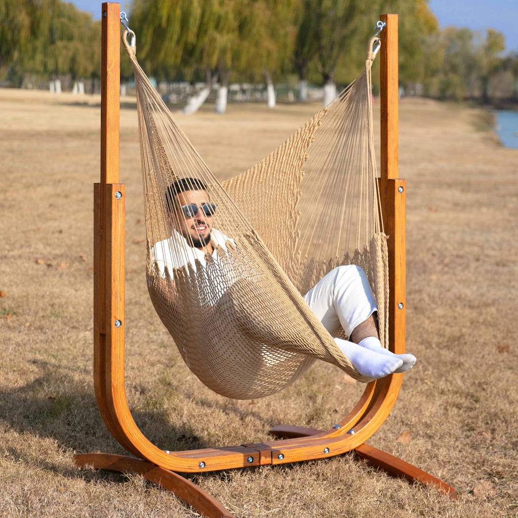 SANIWERKE® Hammock Chair with Stand, Caribbean Hammock Chair and Laminated Wooden Stand Combo, Sturdy Design, 400LBS Capacity, 70x50Inches, Jumbo Haven Lounger for Patio & Porch (Soft Tan)