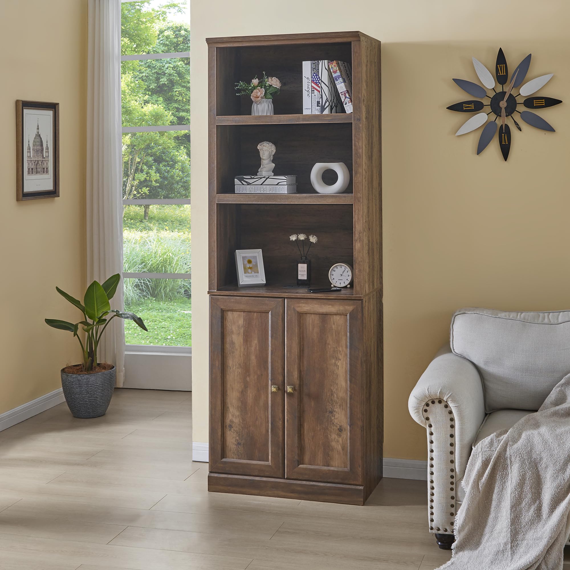 DiMorture 81" Tall Bookcase with USB Port, Wooden Book Cases Organizer with 3 Open Shelves and 2 Doors, Free-Standing Library Bookshelf Side Cabinet for Living Room, Bedroom (Brown)
