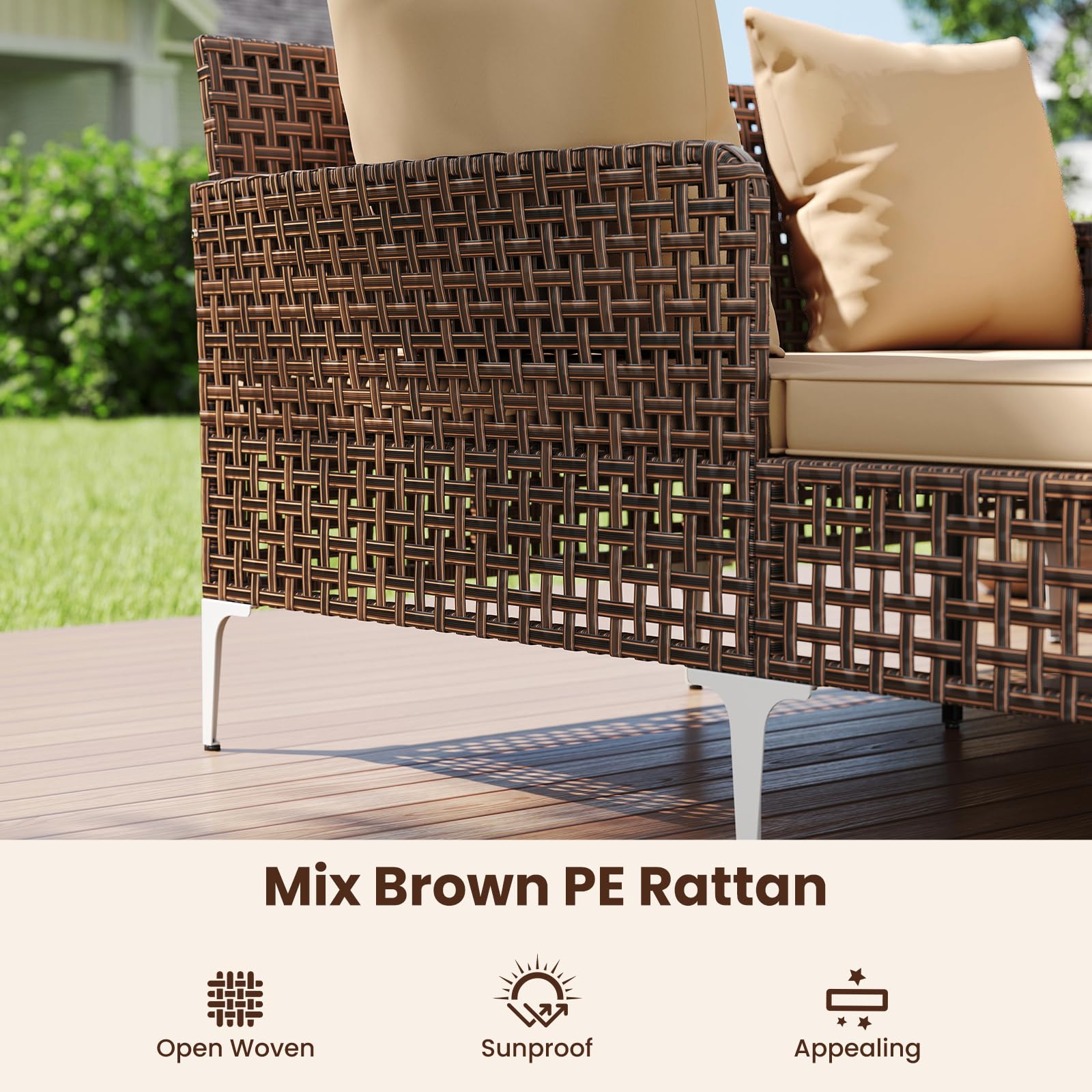 Tangkula Outdoor Rattan Double Daybed, Boho Wicker Chaise Lounge for 2 with Seat & Back Cushions, Outdoor Sunbed Loveseat with Metal Support for Backyard, Poolside & Deck (Brown)