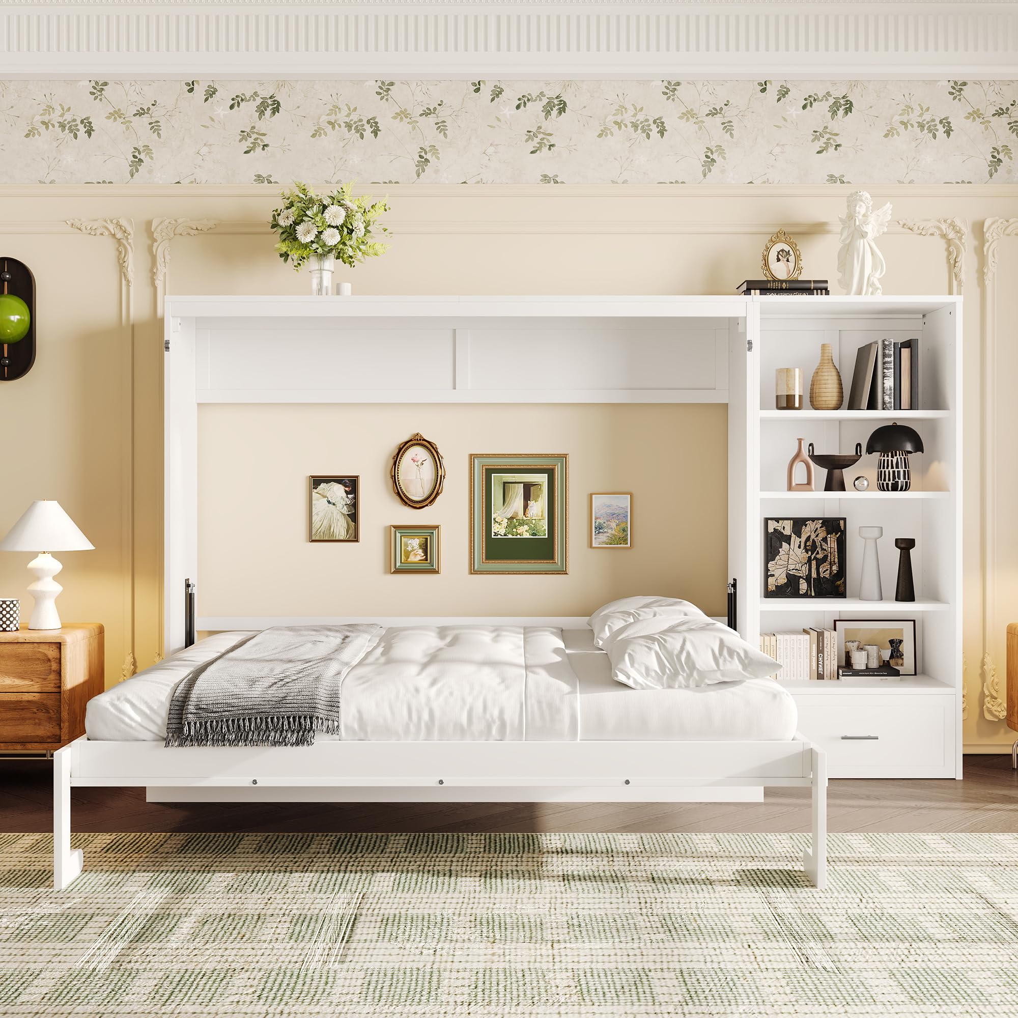 Bellemave Queen Murphy Bed with Height Adjustable Storage Compartments and Shelf, Wall Bed Frame, Murphy Cabinet with Foldable Panel, Noisy Free, for Guest Bedroom, Living Room, White