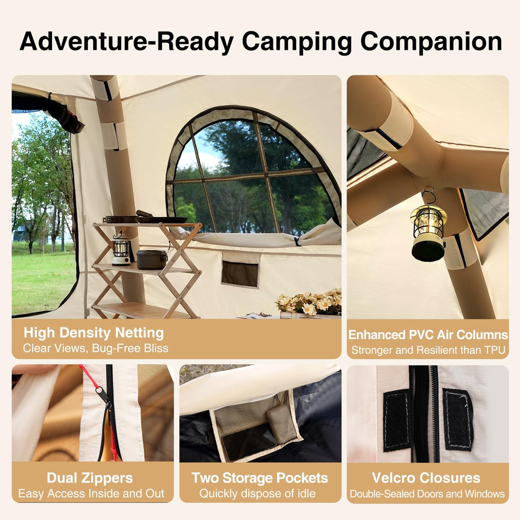 KNUO Inflatable Tent for Winter Camping 7.8x7.8ft Blow Up Air Tents, No Assembly Needed Luxury Glamping Tent for 1/2/3 People, Waterproof Oxford, Beige