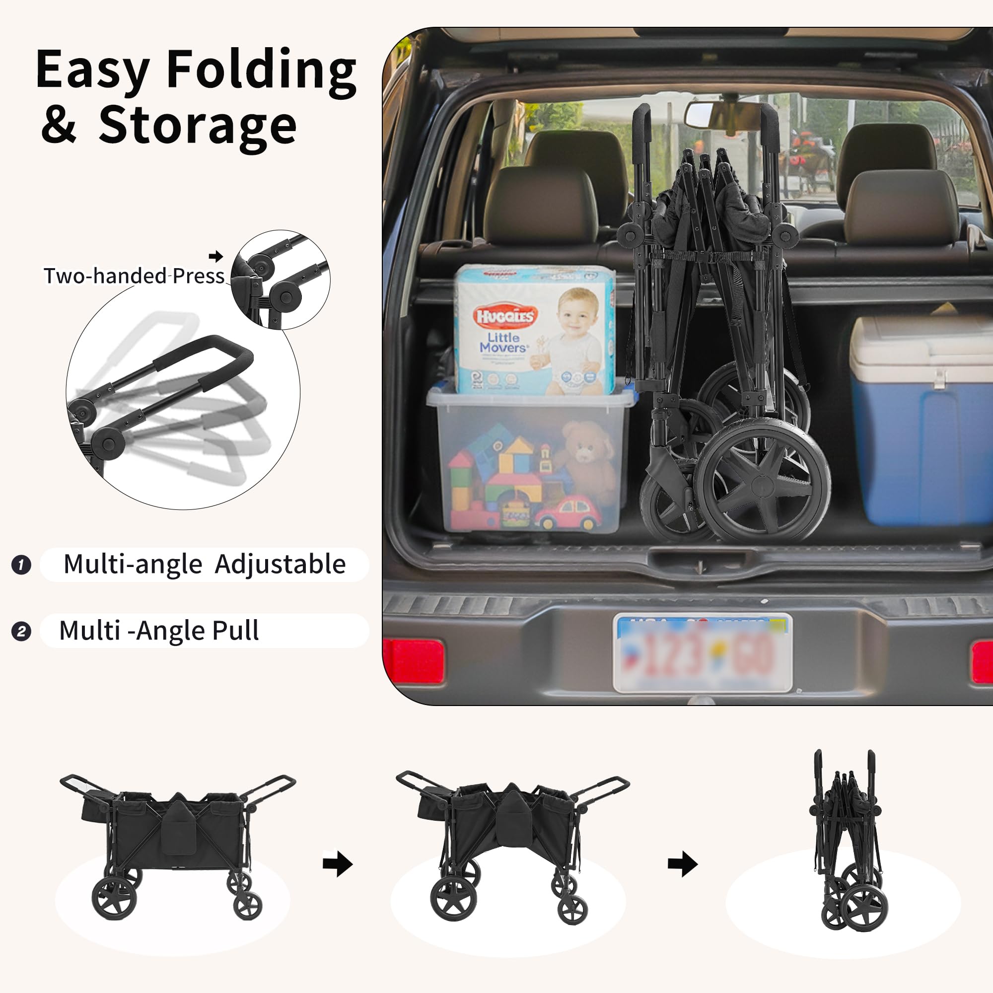 Stroller Wagon for 4 Kids, 4 Seater Wagon Stroller with Convertible Seats Footrests, Snack Tray, Storage Bag, Removable Canopy, Wagon Stroller 4 Seater with Double Push Handle (Black-Convertible)