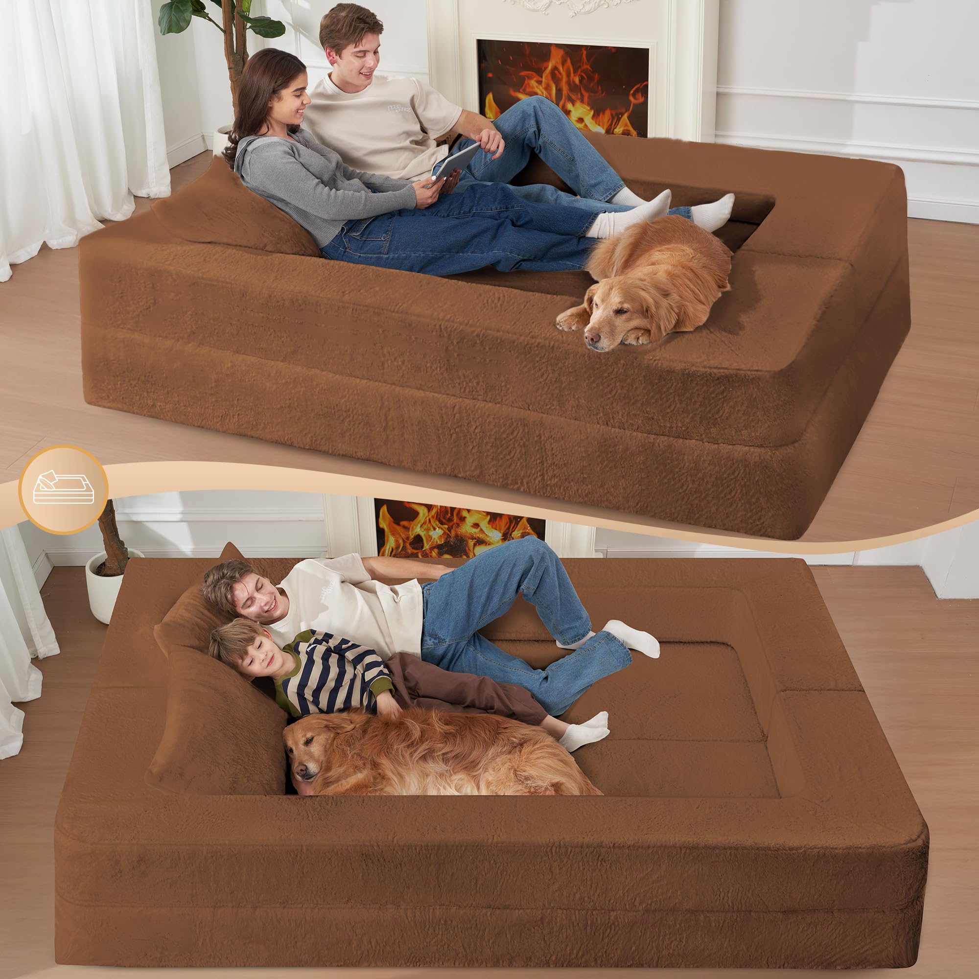 Cansunna Folding Bean Bag Chair for Adults,3-in-1 Bean Bag Couch Faux Fur Floor Sofa Large Beanbag Convertible Bean Bag Sofa Bed with Pillow in Bedroom,Living Room,Apartment(Queen,Caramel)
