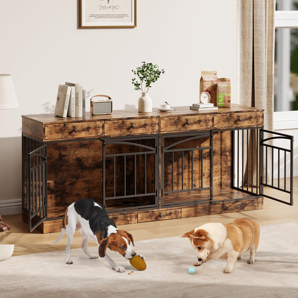 GarveeHome Dog Crate Furniture for 2 Dogs, Dog Kennel Indoor with 4 Storage Drawers and Feeding Bowls, Double Dog Crate TV Stand for Small Medium Dogs, Brown