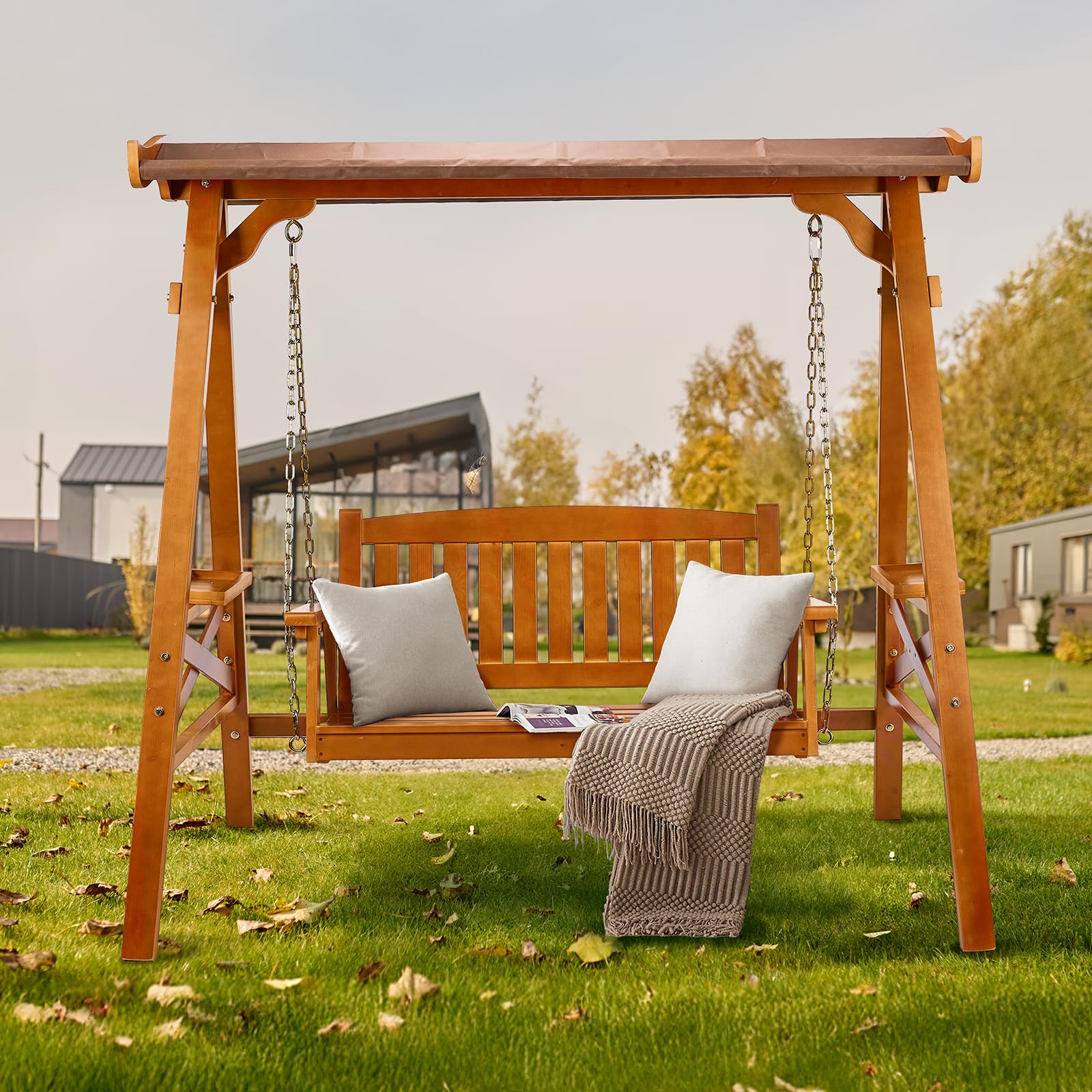 VINGLI Porch Swing with Stand, Porch Swing with Canopy, Waterproof Patio Swing with Cup Holder, Outdoor Swing Set for Garden, Yard, Patio, Teak