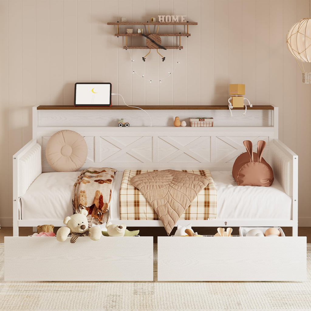 IRONCK Twin Size Daybed with Storage Drawers, Sturdy Metal Bed Frame with X-Shaped Headboard and Charging Station, Upholstered Farmhouse Daybed for Living Room, Bedroom, and Guest Room, White/Walnut
