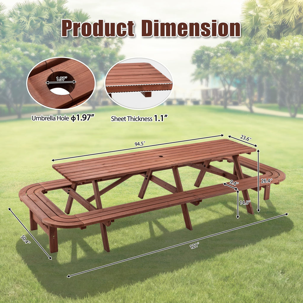 Voryvans 16 Person Wood Picnic Table with Attached Benches & Umbrella Hole,Rectangle Brown Outdoor Wooden Dining Table & Chairs for Patio Yard Garden Porch Deck