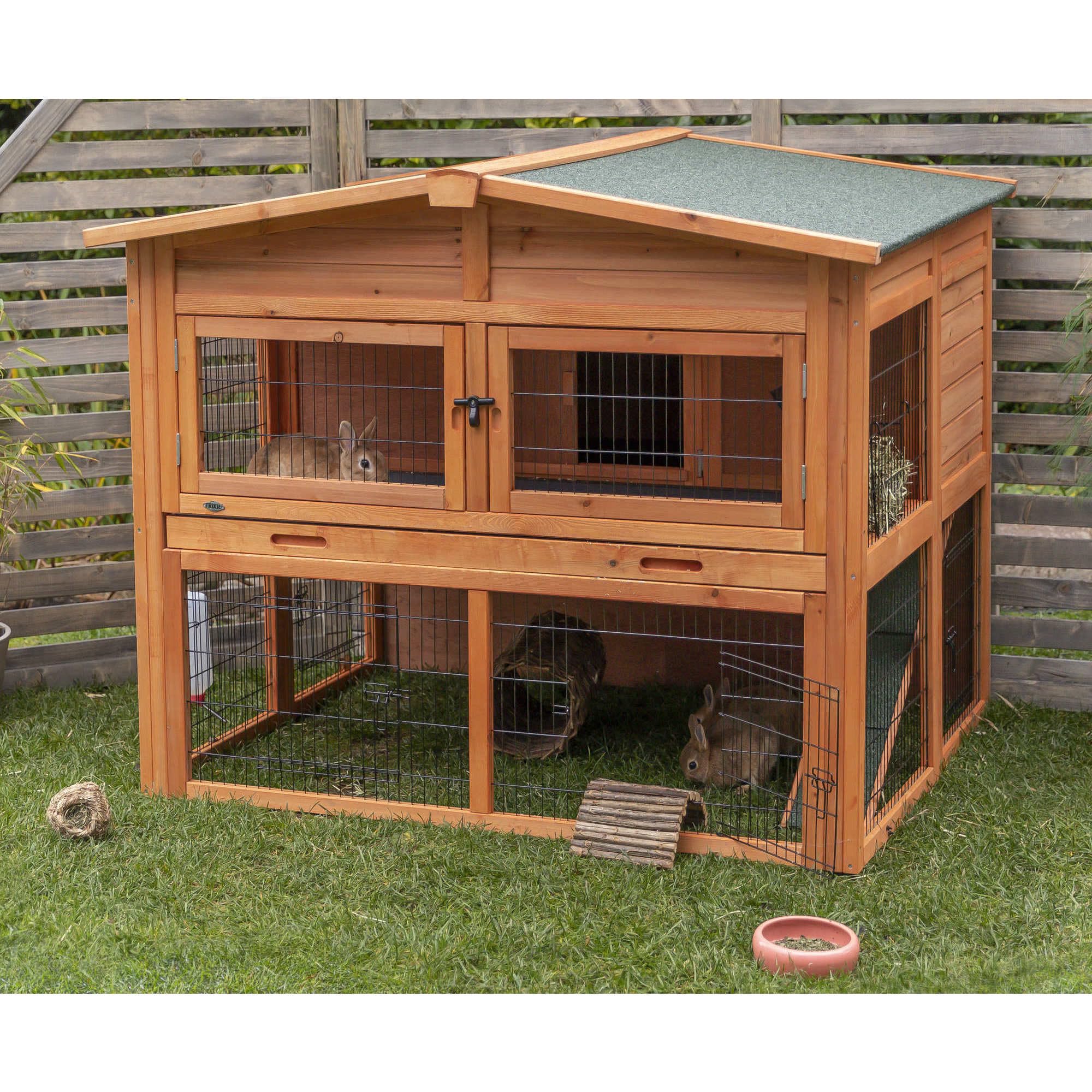 TRIXIE natura Outdoor Deluxe Rabbit Hutch with Run - Large 2-Story Rabbit Cage with Non-Slip Ramp - Elevated Small Animal House with Secure Playpen, Hinged Roof & Two Pull-Out Trays - in Natural