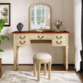 Merax 46" Vintage Makeup Vanity with Curved Flower Frame Mirror, Elegant Dressing Table with 5 Drawers and Leather Stool, Vanity Desk with Solid Wood Legs and Antique Handles for Bedroom